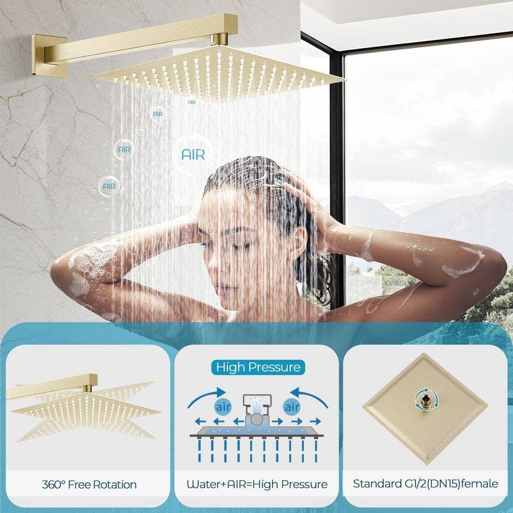 AKLFGN 1-Spray Square High Pressure 10 in. Shower Head with Brass Valve and Handheld Shower Brushed Gold (3)
