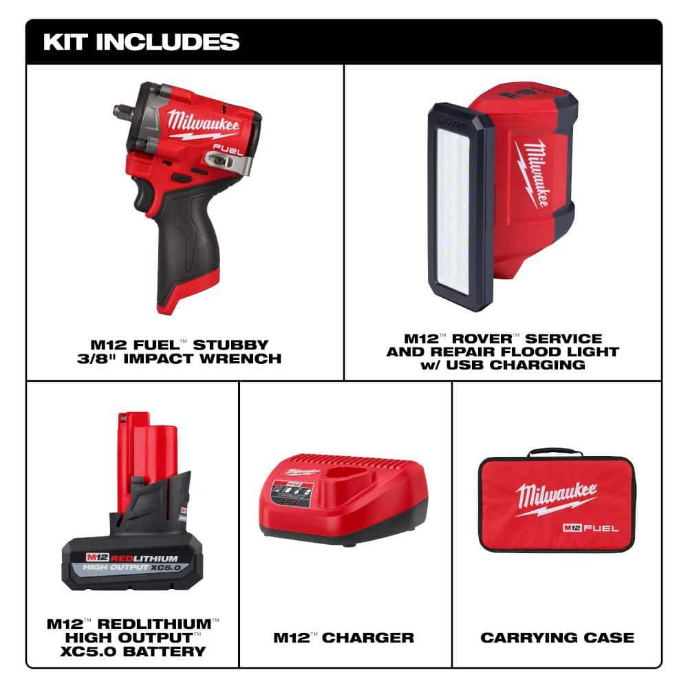Milwaukee M12 FUEL 12V Li-Ion Brushless Cordless Stubby 3/8 in. Impact Wrench Kit w/ 5.0 Ah High Output Battery and Flood Light (2)