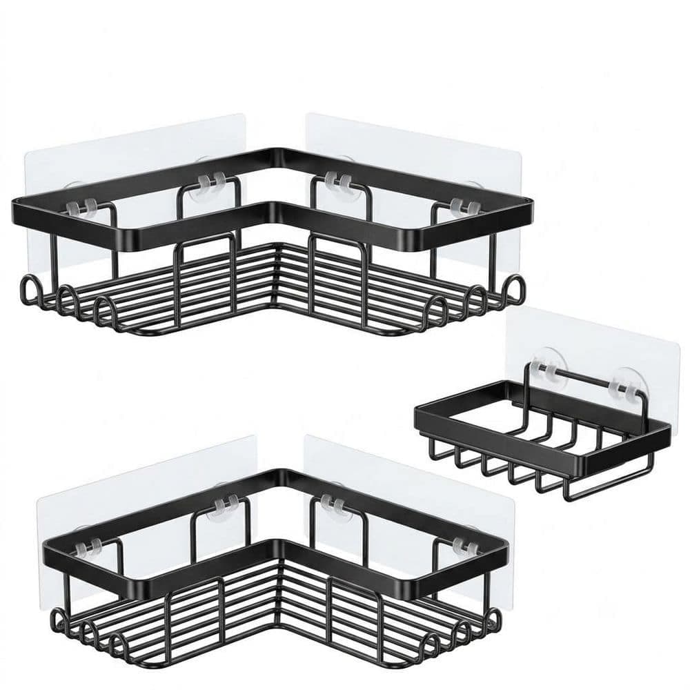 Anqtovp Wall Mounted Adhesive L-Shaped Rustproof Stainless Steel Shower Caddy with 12 Hooks and Soap Holder in Black (1)