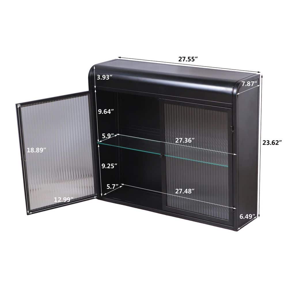 Tahanbath 7.87 in. W x 27.55 in. D x 23.62 in. H Bathroom Storage Wall Cabinet in Black with Glass Doors and 2 Shelves (3)
