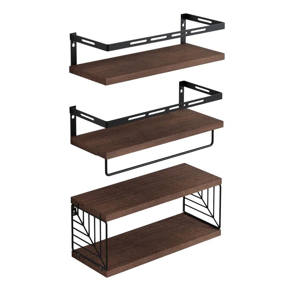 Wudkey 3-Piece 15.8 in. x 3 in. x 5.9 in. Wood Rectangular Bathroom Shelf in Dark Brown with Towel Bar, Floating Shelves (1)