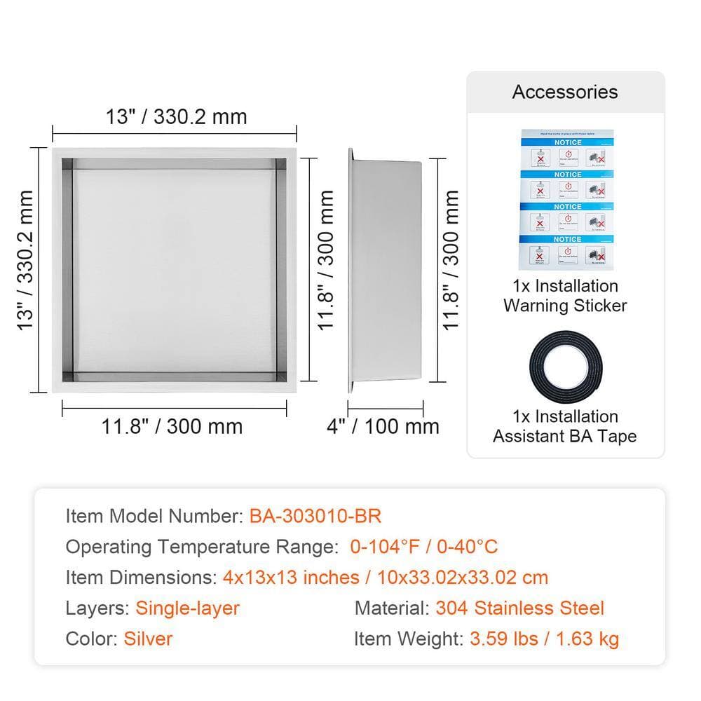 SVOPES 13 in. W x 13 in. H x 4 in. D Shower Niche 304 Stainless Steel Wall-Inserted Niche Recessed Double Shelves in Silver (2)