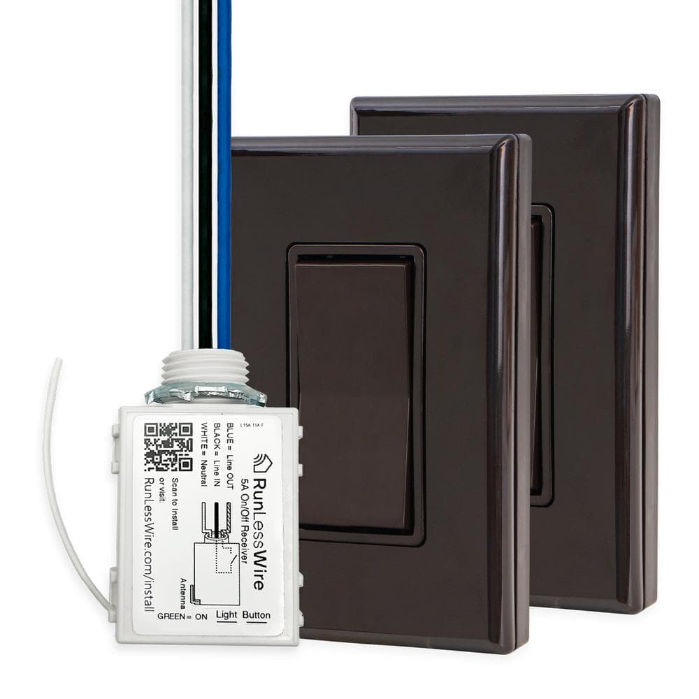 RunLessWire 3-Way Battery-Free Wireless Light Switch Kit, 2-Remote Switches Control 1 On/Off 5amp Receiver - Brown (1)