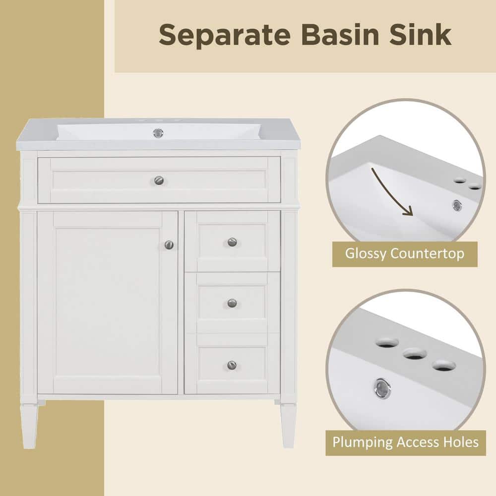 Adrinfly 30 in. W x 18 in. D x 33 in. H Bath Vanity Bathroom Storage Cabinet with Top Single Sink and Tip-out Drawer in White (3)