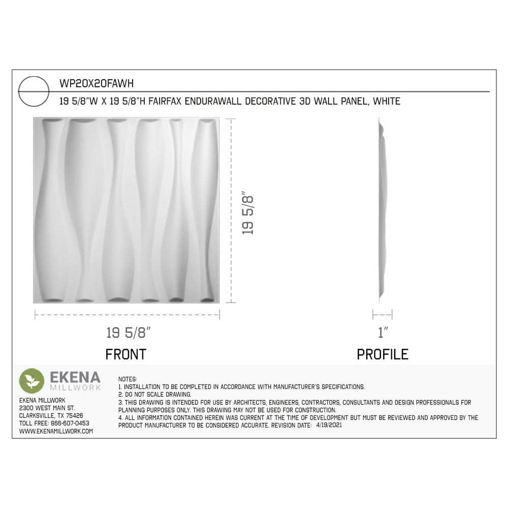 Ekena Millwork 19 5/8"W x 19 5/8"H Fairfax EnduraWall Decorative 3D Wall Panel Covers Sq. for Sq. Ft.) (2)