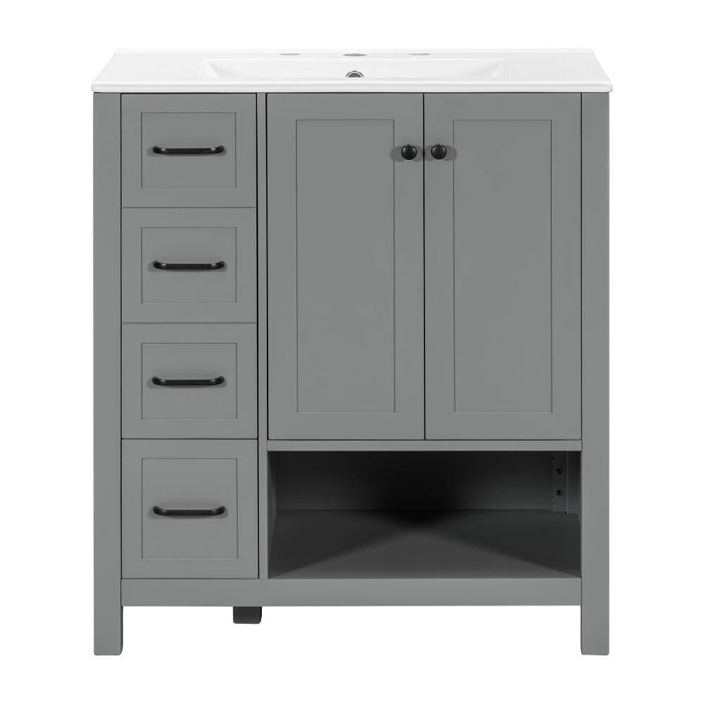 Unbranded Gray 30in Bathroom Vanity with Sink Top Two Doors and Two Drawers Open shelf for Bathroom (2)