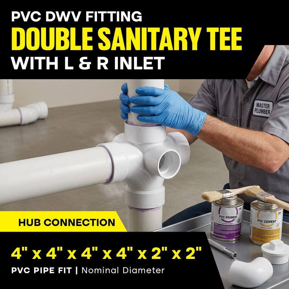 PLUMBFLEX 4 in. x 2 in. Rigid PVC DWV Double Sanitary Tee with Side Inlet, 0.67 Ft Long, White, Schedule 40 (5 Pk) (2)