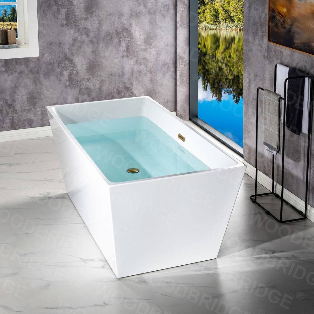 WOODBRIDGE Domme Acrylic Flatbottom Rectangle Bathtub with Brushed Gold Overflow and Drain Included White (4)