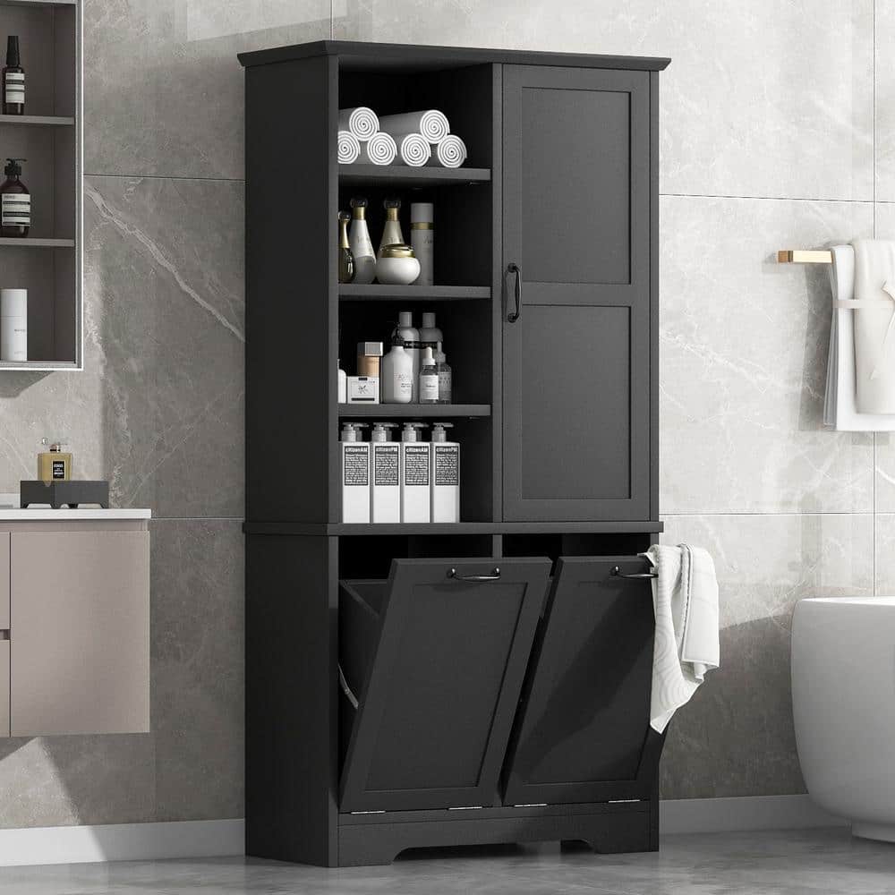 COWLOWN 31 in. W x 14 in. D x 68 in. H Black Linen Cabinet with Doors, Open Shelves, Adjustable Shelf, Tilt-Out Laundry Hamper (2)