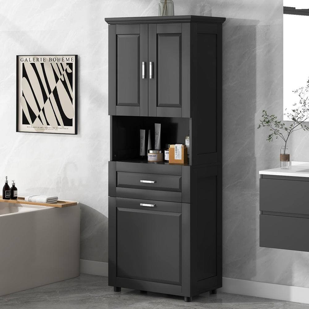 YSQCAR 25 in. W x 16.3 in. D x 70 in. H Black MDF Freestanding Linen Cabinet with Door and Drawers, Shelf (3)