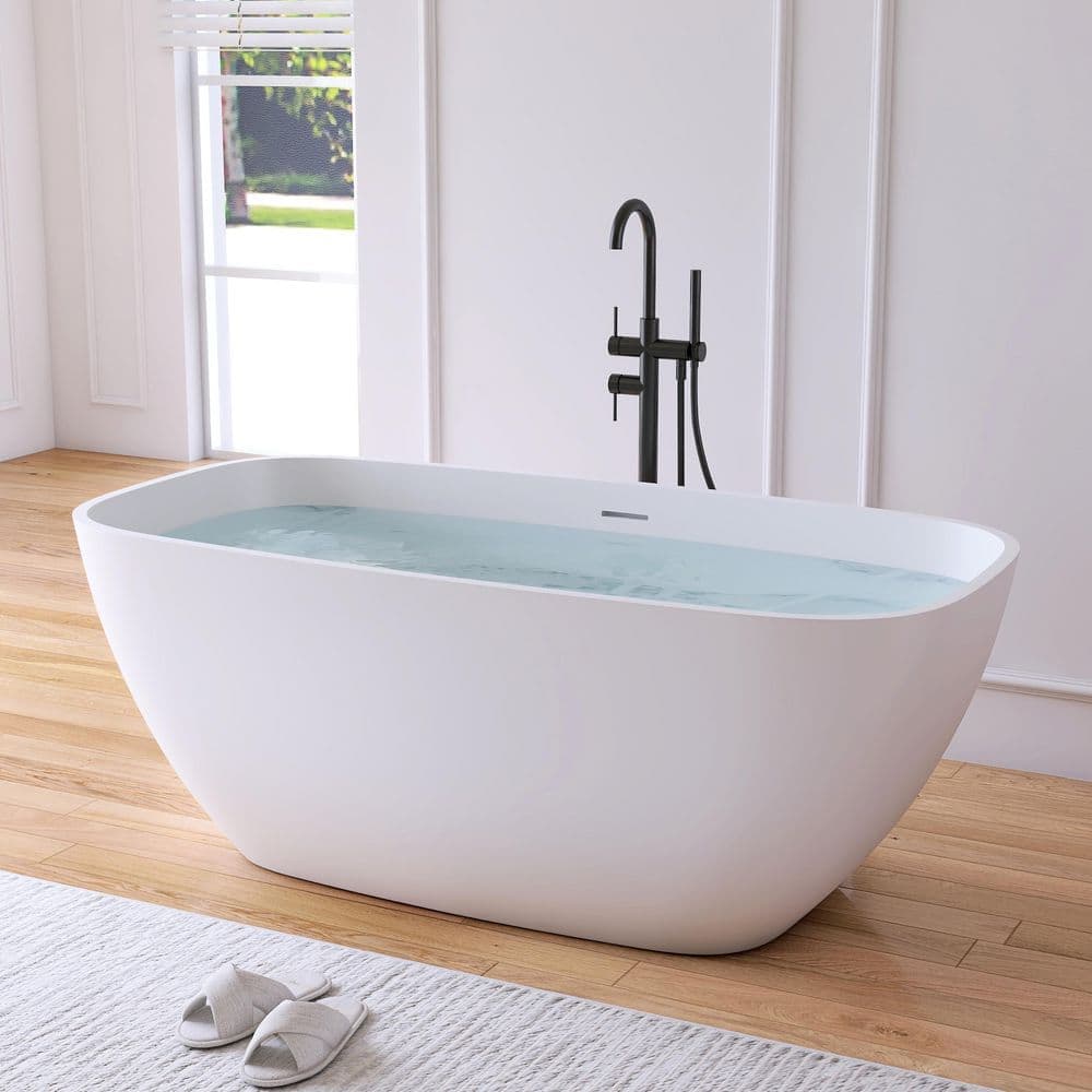 MEDUNJESS Milan 30 in. Stone Resin Solid Surface Matte Flatbottom Freestanding Soaking Bathtub White