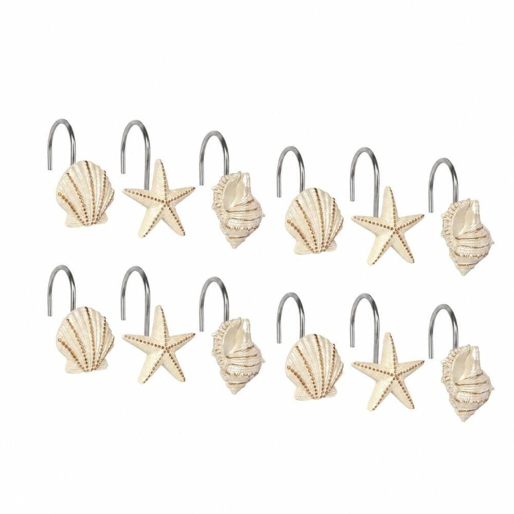 Unbranded Decorative Ocean Shower Curtain Hooks 12 Pack, Resin Seashells Starfish Conch Rings, Bronze Gold Finish (3)
