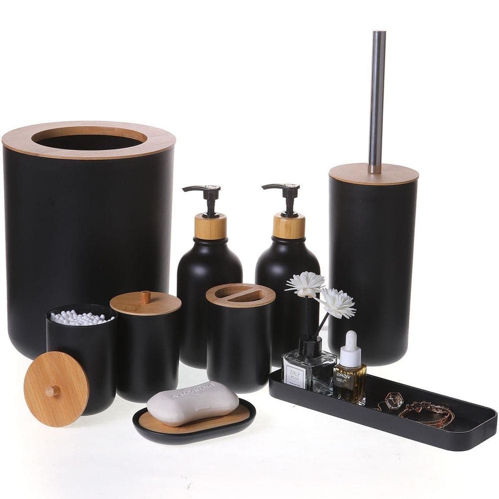 Wudkey 9-Piece Bathroom Accessory Set with Trash Can, Soap Dispenser and Dish, Toothbrush Holder, Toilet Brush, Tray in Black