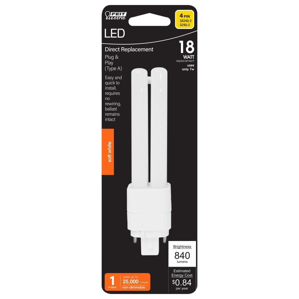 Feit Electric 18-Watt Equivalent PL QuadTube CFLNI 4-Pin Plugin G24Q-2 Base CFL Replacement LED Light Bulb, Soft White 2700K (1-Pack) (3)