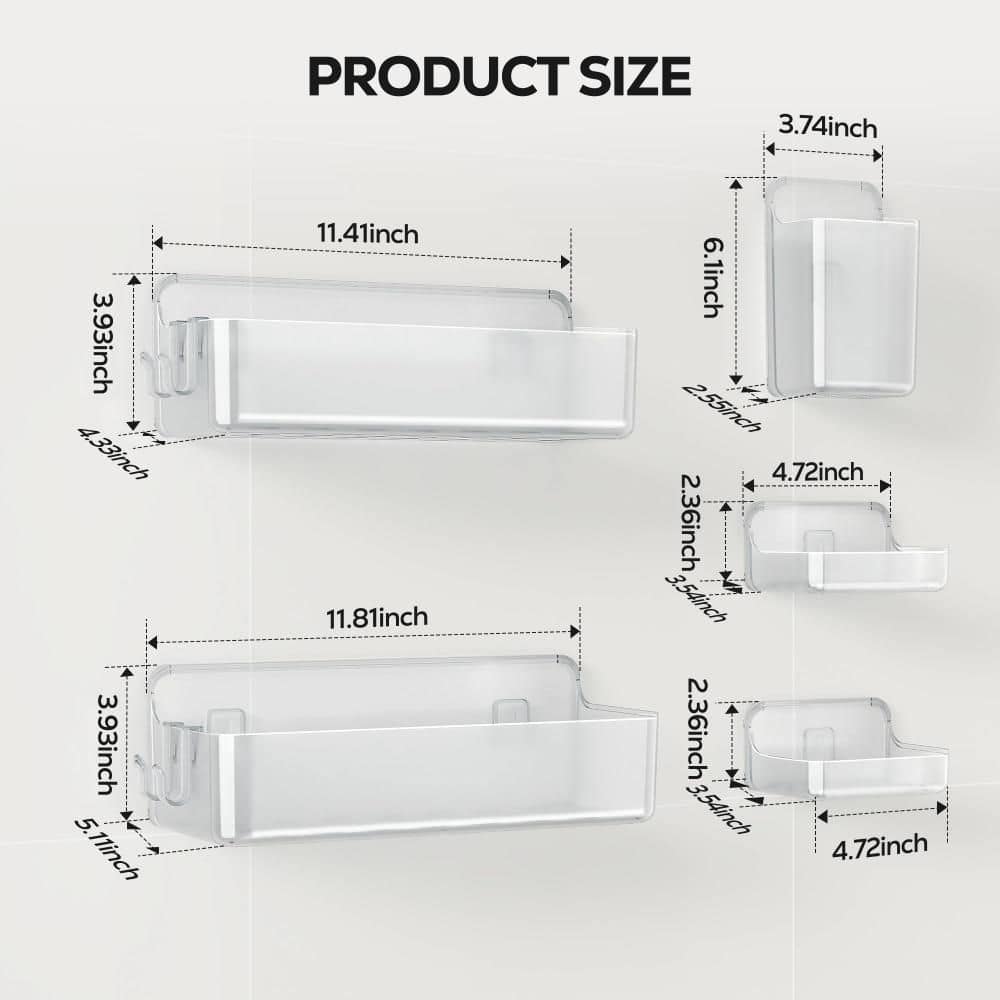 Numhew Adhesive Shower Shelves with Baskets, Toothbrush Holder, and Soap Dishes for Bathroom Organization, Clear (Piece of 5) (2)