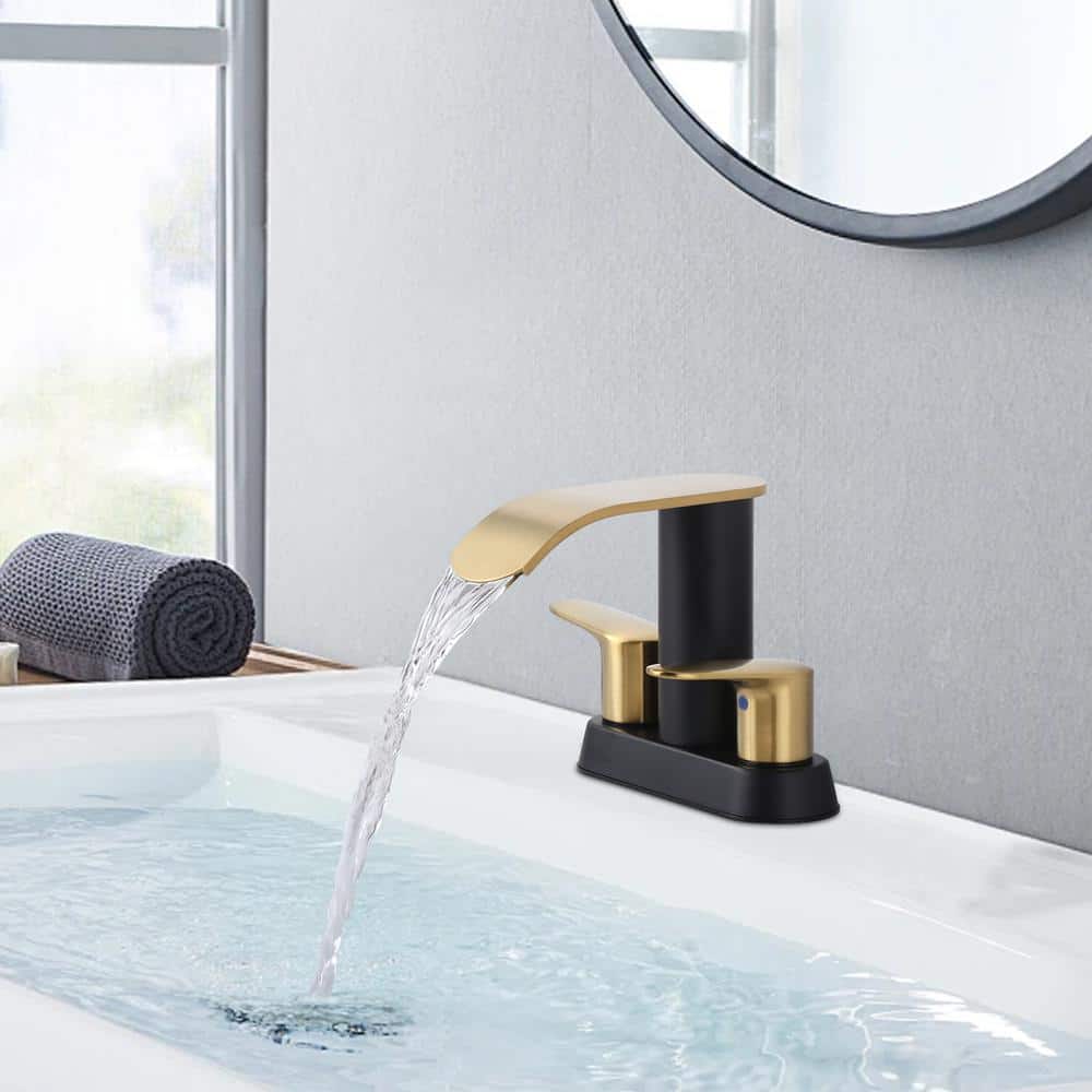 IVIGA 4 in. Centerset Double Handle Waterfall Bathroom Faucet with Drain Kit Included in Black and Gold (2)