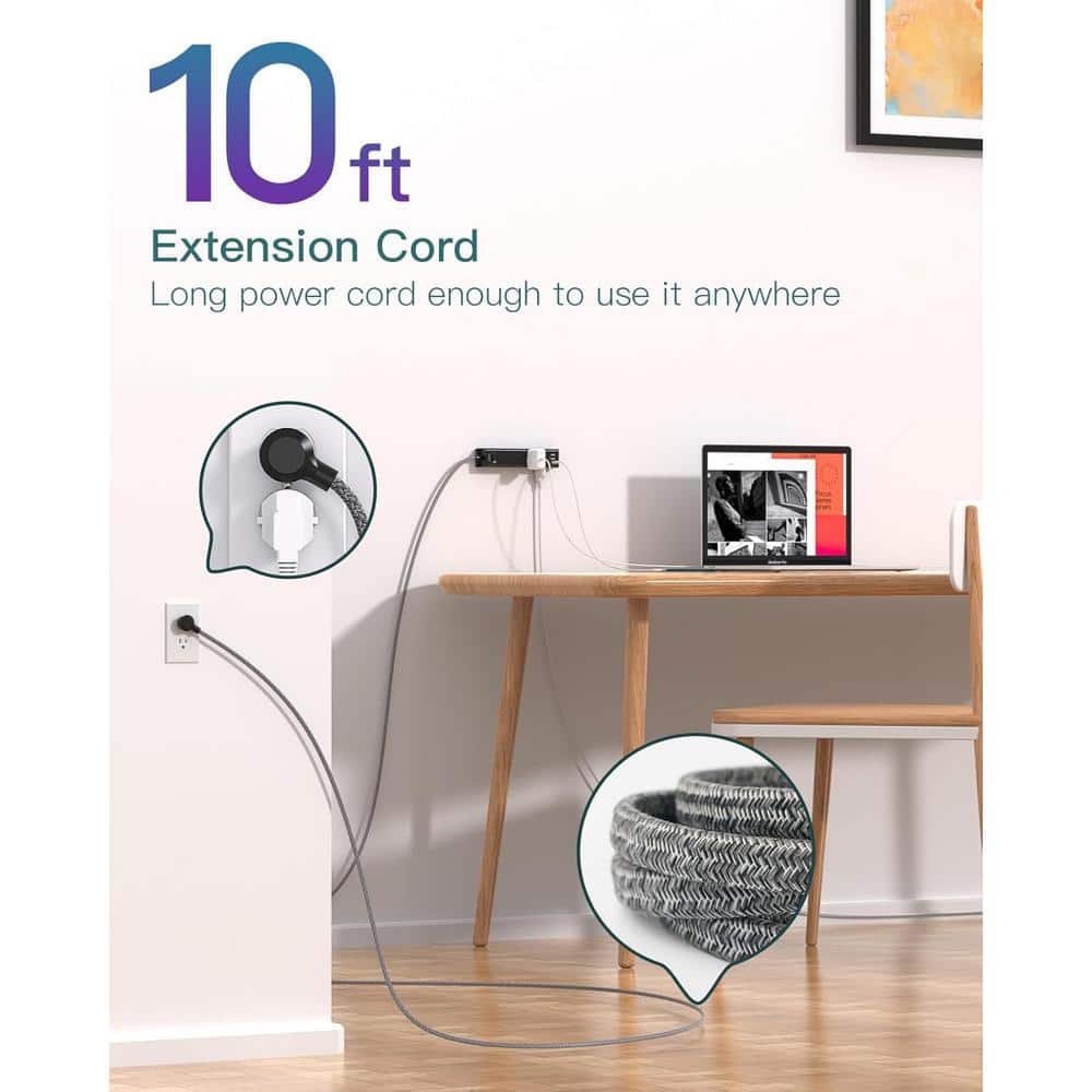 Lukyamzn 10 ft. Flat Plug Power Strip Surge Protector Extension Cord with 12-Widely Outlets 3-USB, Wall Mount Overload Protection (2)
