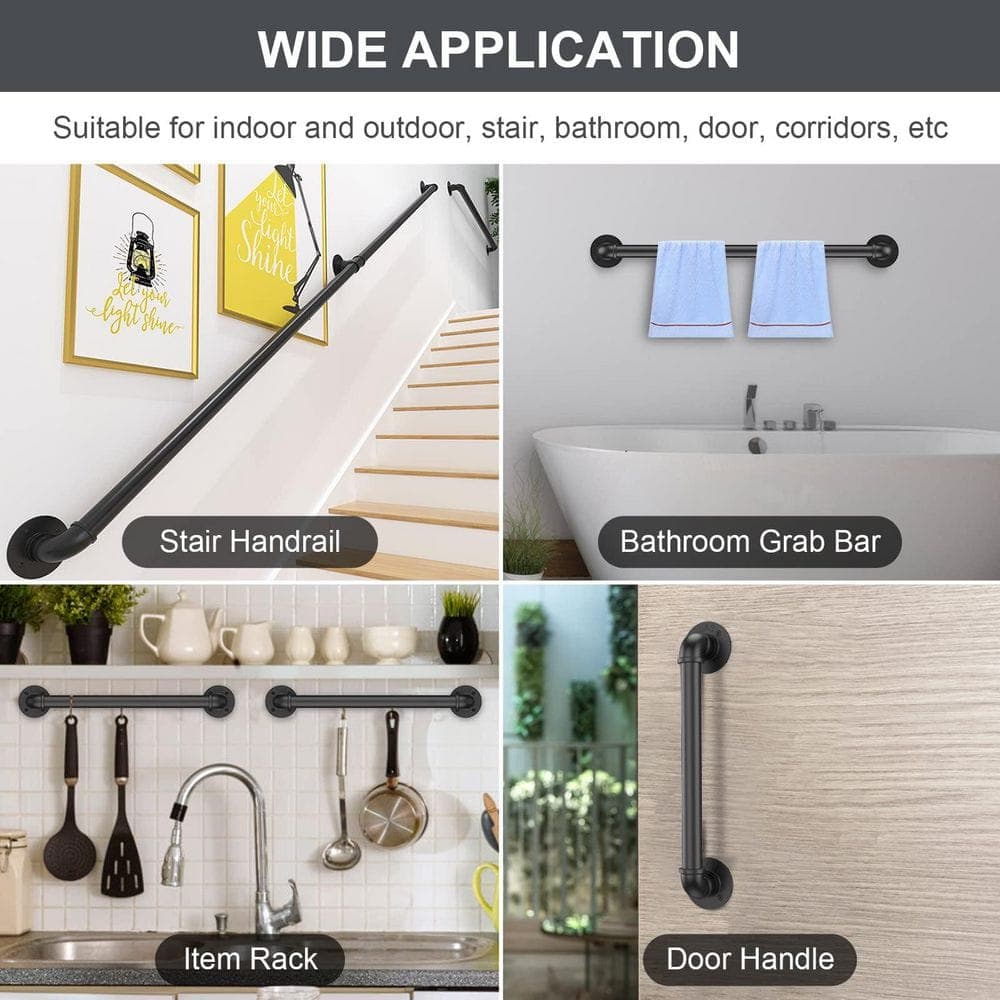 Unbranded 13 ft. Industrial Pipe Stair Railing Wall Mount Handrail Black Metal Grab Bar for Indoor Outdoor Steps Stairs (3)