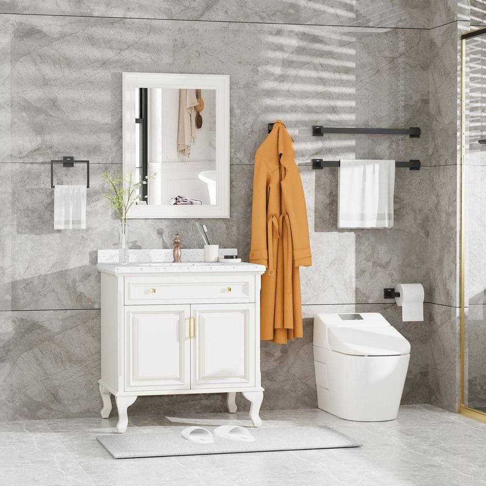 JFVKAF 5-Piece Bathroom Hardware Set with Dual Towel Bars, Hooks, Toilet Paper Holder, Towel Ring in Matte Black (2)