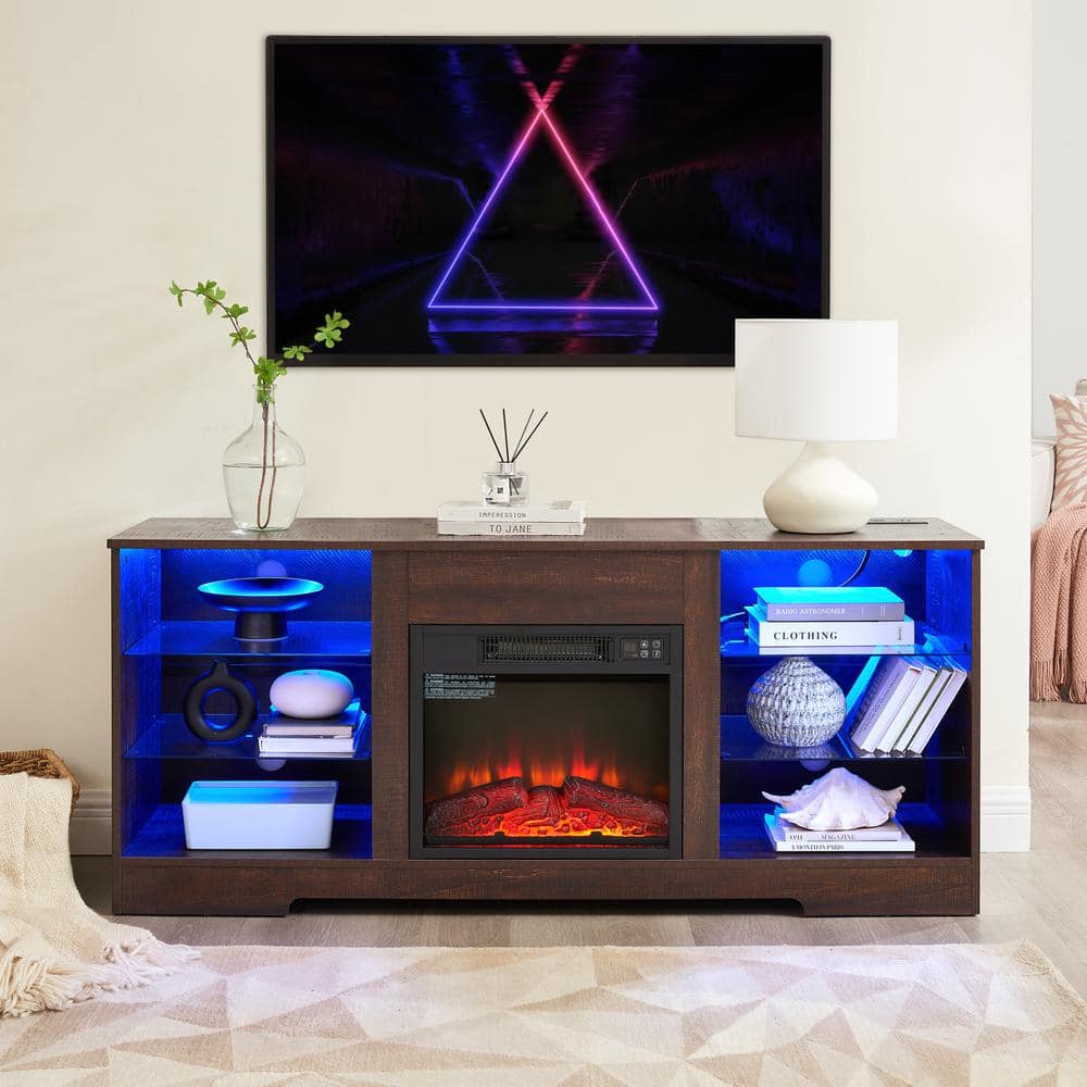 Unbranded 57.87 in. W x 15.35 in. D x 24.41 in. H Brown Linen Cabinet w/ LED Lights, and 3D Fireplace TV Stand for TV up to 60 in. (2)