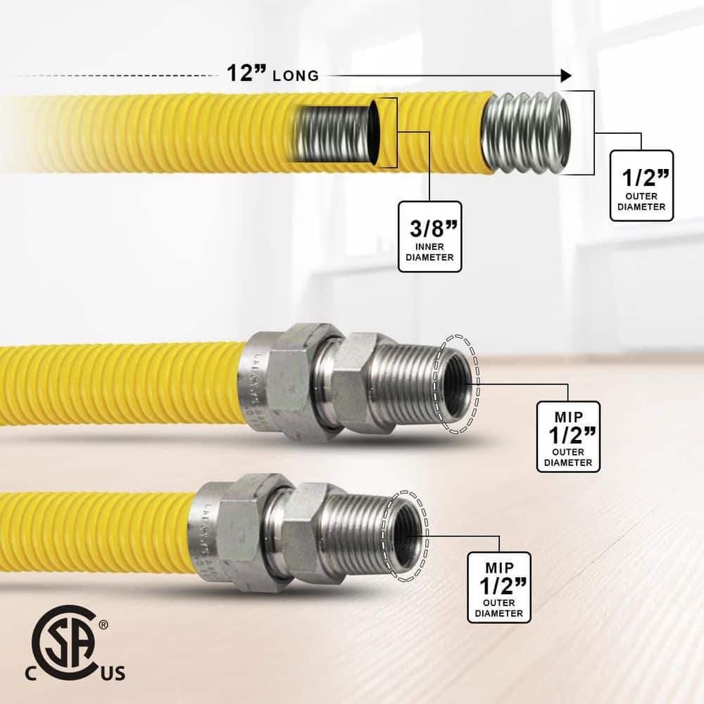 PLUMBFLEX 12 in. Gas Connector with Fittings, Yellow Coated Gas Connector, 1/2 in. OD, 1/2 in. MIP x 1/2 in. MIP Connection (2)
