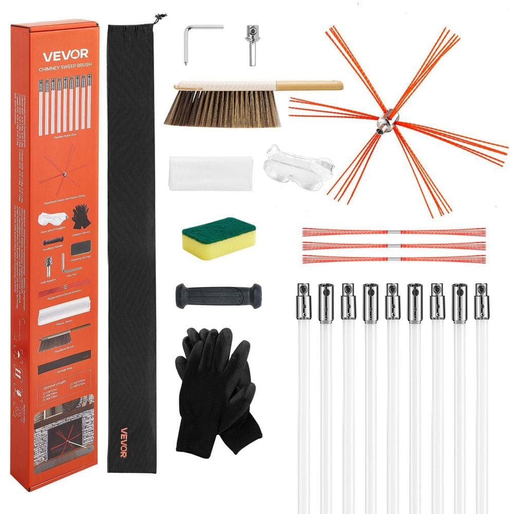 VEVOR Chimney Sweep Kit, 30 ft. Chimney Brush, with Replacement Bristles and Goggles, Piece and and Fireplace Tool Set (1)