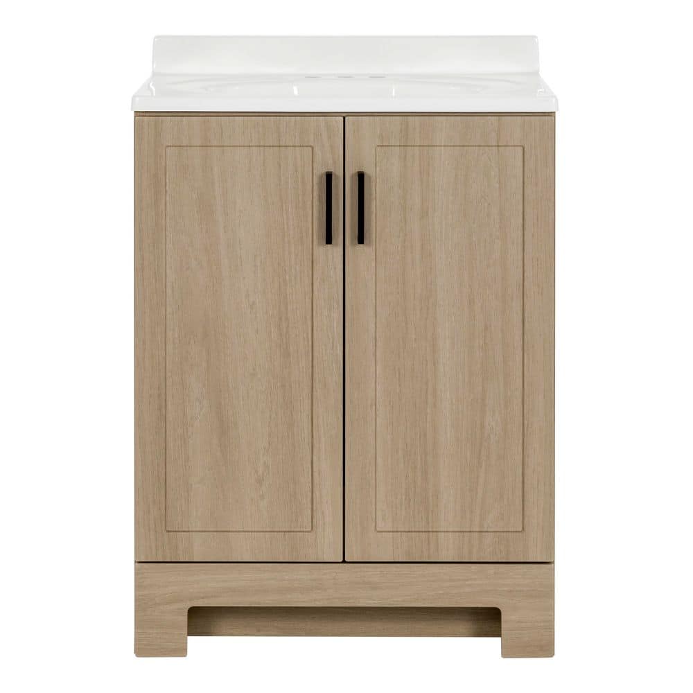 Glacier Bay Oakley 25 in. Single Sink Beige Oak Freestanding Bath Vanity with White Cultured Marble Top (Assembled) (3)