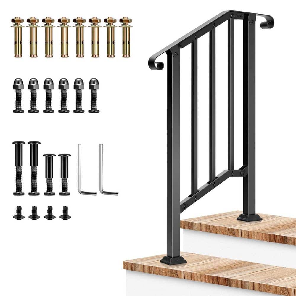VIVOSUN 2-Step 36 in. H x 26 in. W Black Wrought Mattle Iron Stair Railing Kit with Curved Ends and Balusters (1)