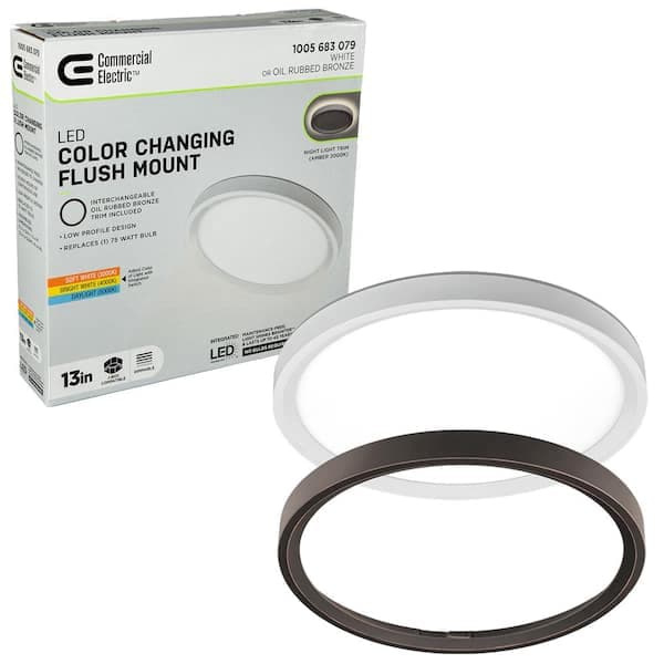 Commercial Electric 13 in. White, Oil Rubbed Bronze Trims 1350 Lumens LED Flush Mount Ceiling Light Fixture with Night Light Adjustable CCT