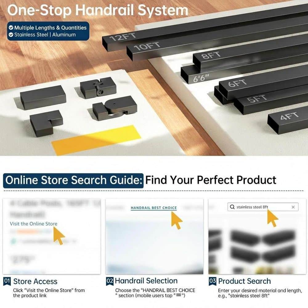 Unbranded 8 ft. Aluminum Handrail for Cable Railing System 2 Pack Rectangular Black Top Rail for Indoor Outdoor Stairs (3)