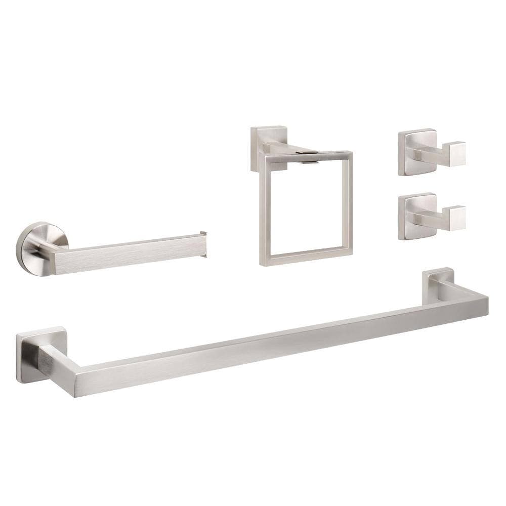 Unbranded 24-in Towel Bar Set with Ring, TP Holder and 2 Robe Hooks in 304 Stainless Steel, Square Brushed Nickel (1)