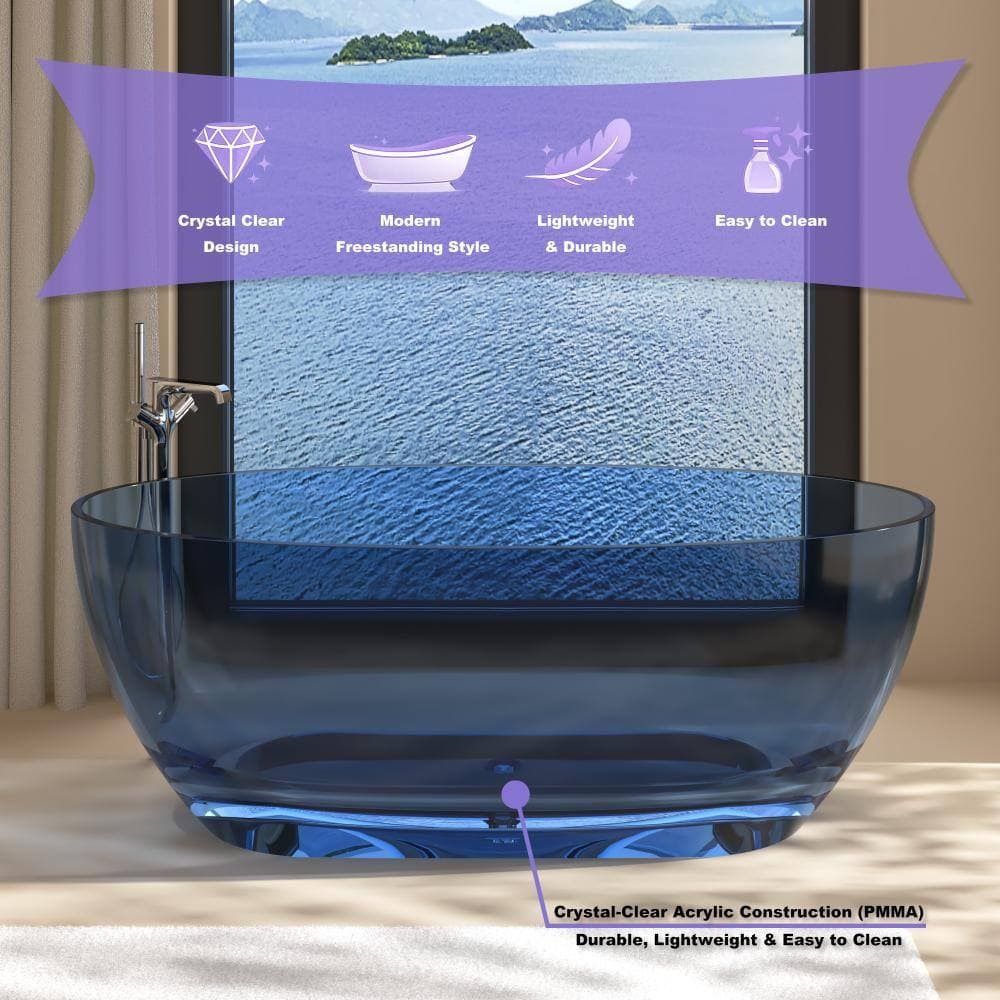 COWINER 28 in. Solid Surface Stone Resin Freestanding Soaking Bathtub with Center Drain Transparent (4)