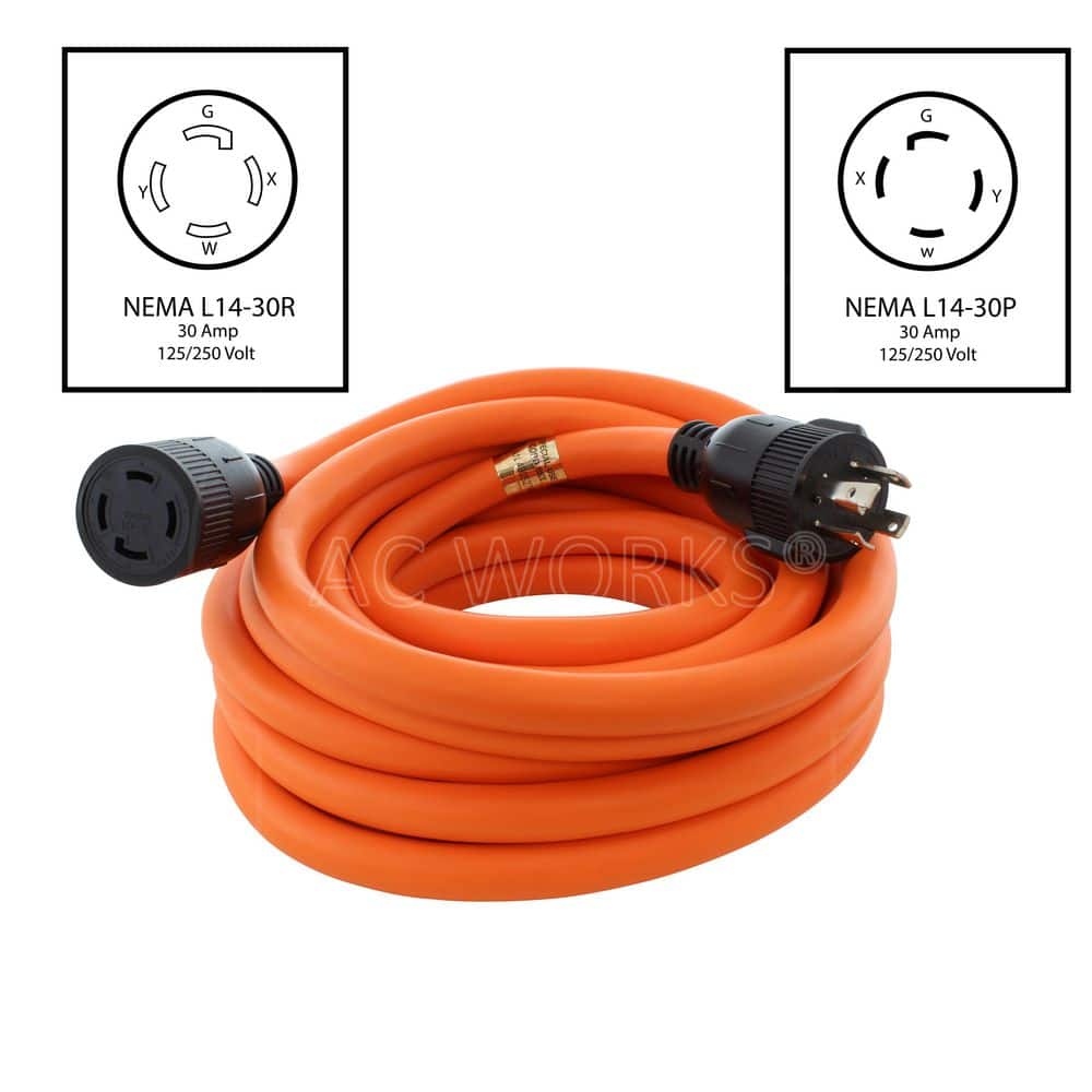 AC WORKS 25 ft.10/4 STW NEMA L14-30 30A 125/250-Volt Indoor/Outdoor Orange Generator Extension Cord (2)