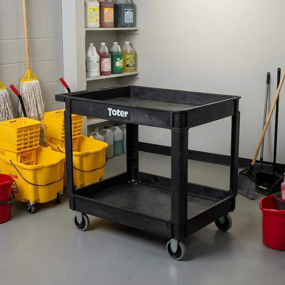 Toter 550 lbs. Capacity 44 in. x 25.3 in. x 32.3 in. Black Plastic 2-Tier 4-Wheeled Lipped Top Straight Handle Utility Cart (2)