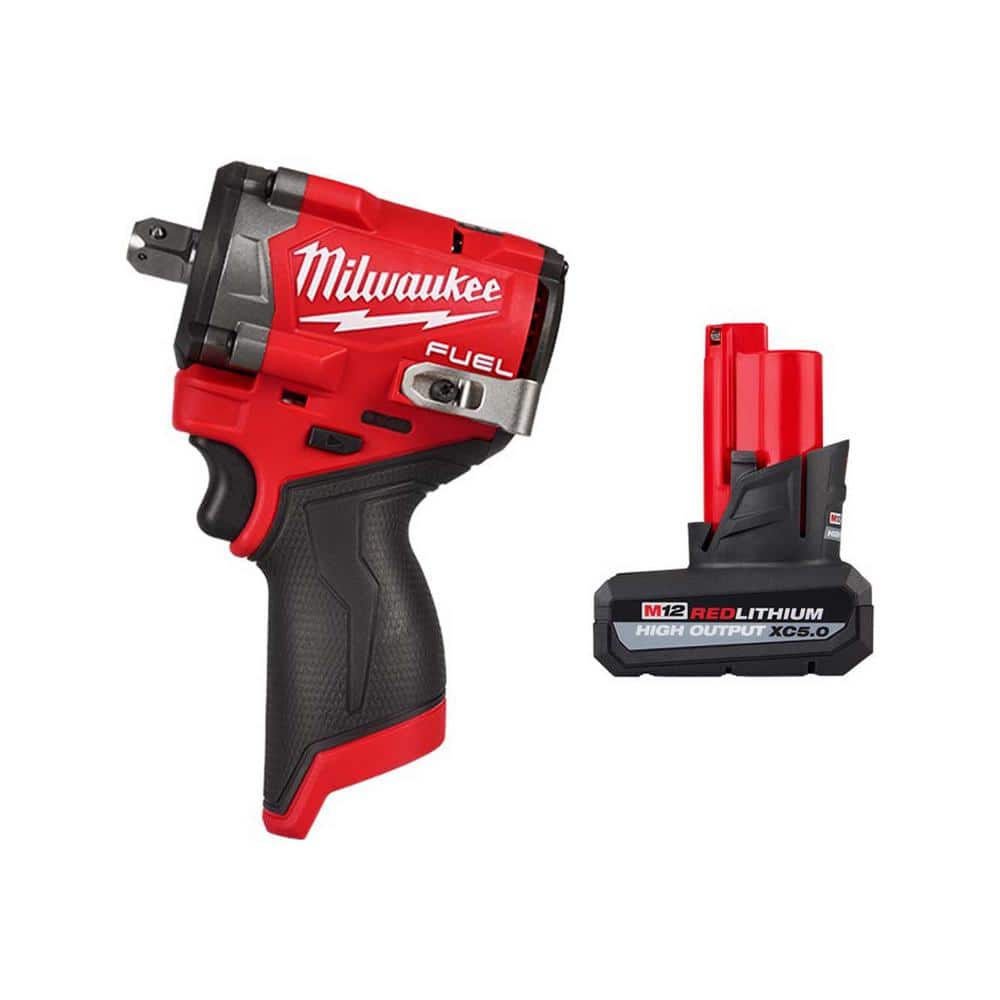 Milwaukee M12 FUEL 12V Li-Ion Brushless Cordless Stubby 1/2in. Impact Wrench with Pin Detent with M12 XC High Output 5.0Ah Battery (1)