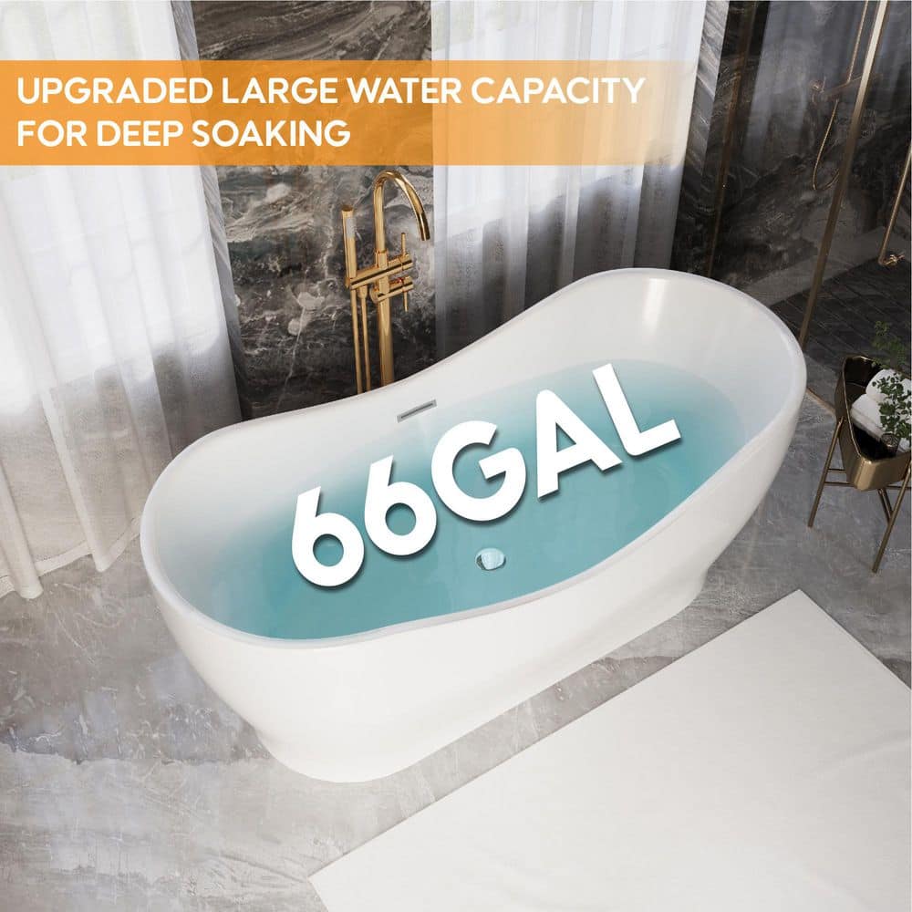 ANGELES HOME 67 in. x 31.5 in. 100% Pure Virgin Acrylic Freestanding Soaking Bathtub with Center Drain and Overflow in White (3)