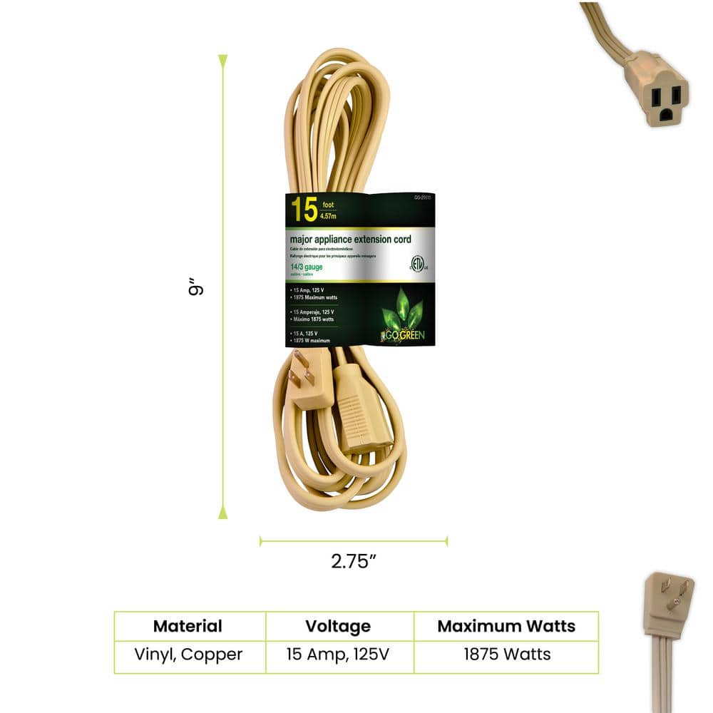 GoGreen Power 15 ft. 14/3 SPT A/C Extension Cord - Beige (2)