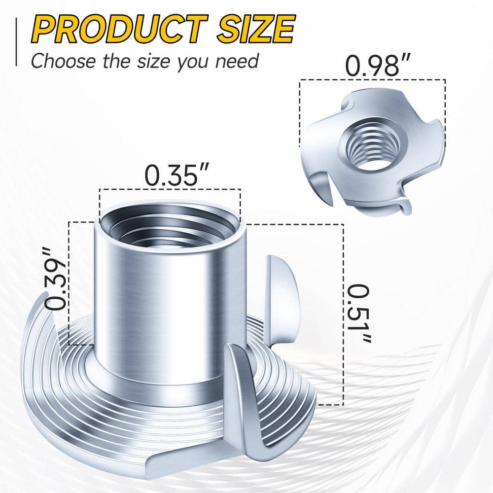 MYWISH 3/8 in.-16 Zinc Plated T-Nuts (50-Pack) for Bolts, Caster Wheels, and Furniture-4-Jaw Tee Nuts, Steel Assortment (2)
