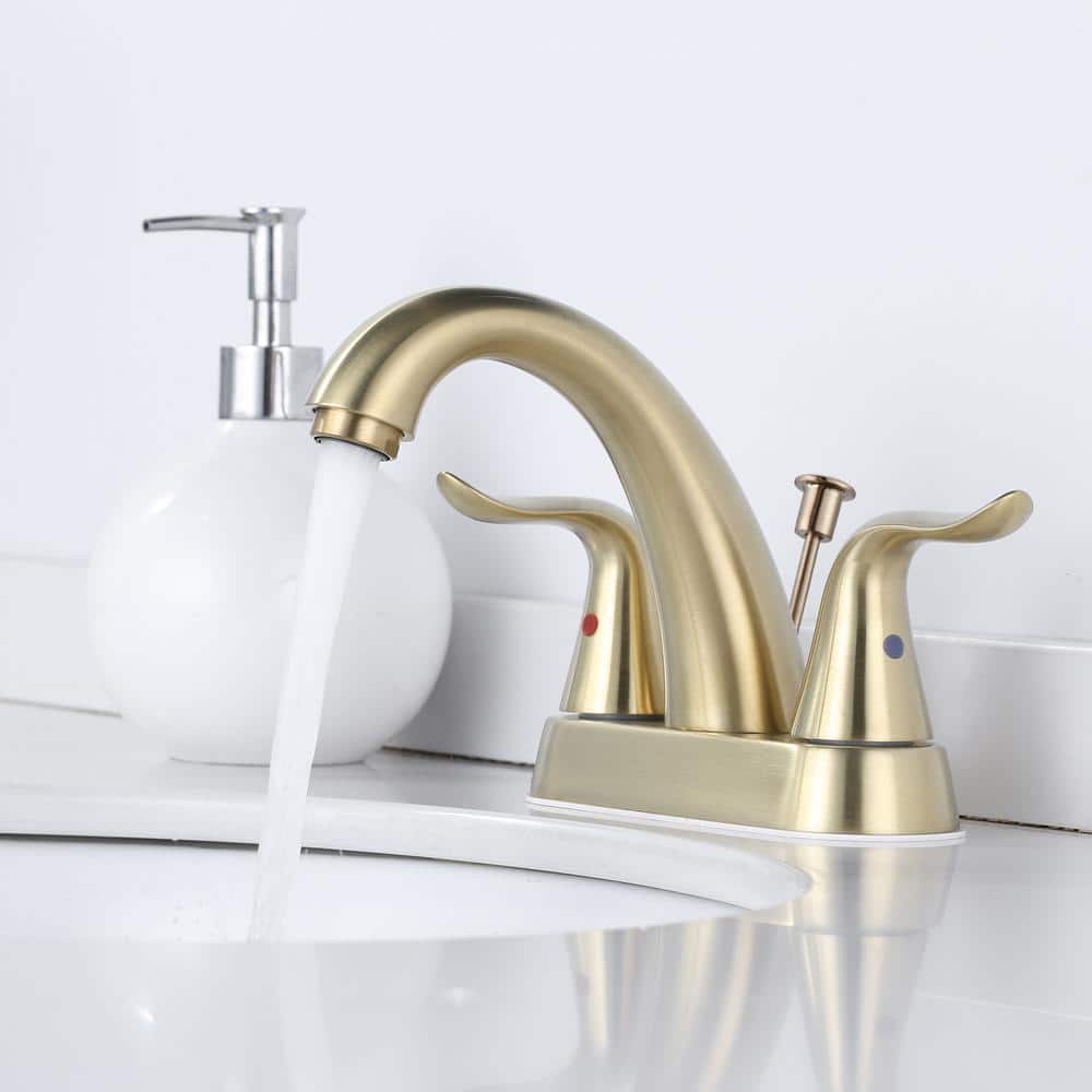 IVIGA 4 in. Centerset Double Handle Gooseneck Bathroom Faucet with Drain Kit and Supply Lines Included in Gold (2)
