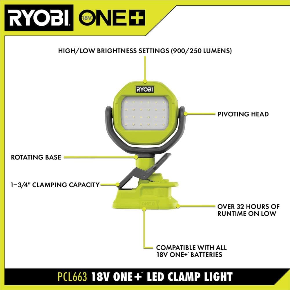 RYOBI ONE+ 18V Cordless LED Clamp Light (Tool Only) (3)