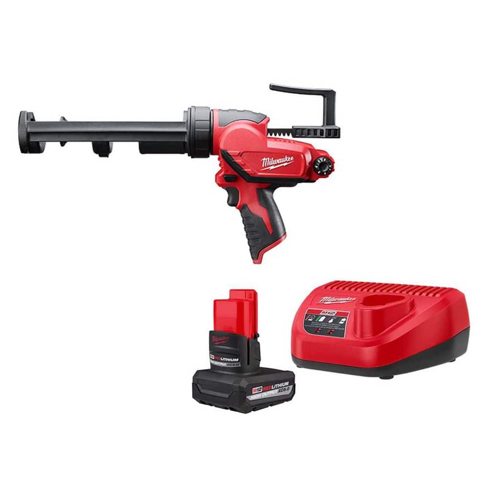 Milwaukee M12 12V Lithium-Ion Cordless 10 oz. Adhesive and Caulk Gun with HIGH OUTPUT XC5. 0 Starter Kit