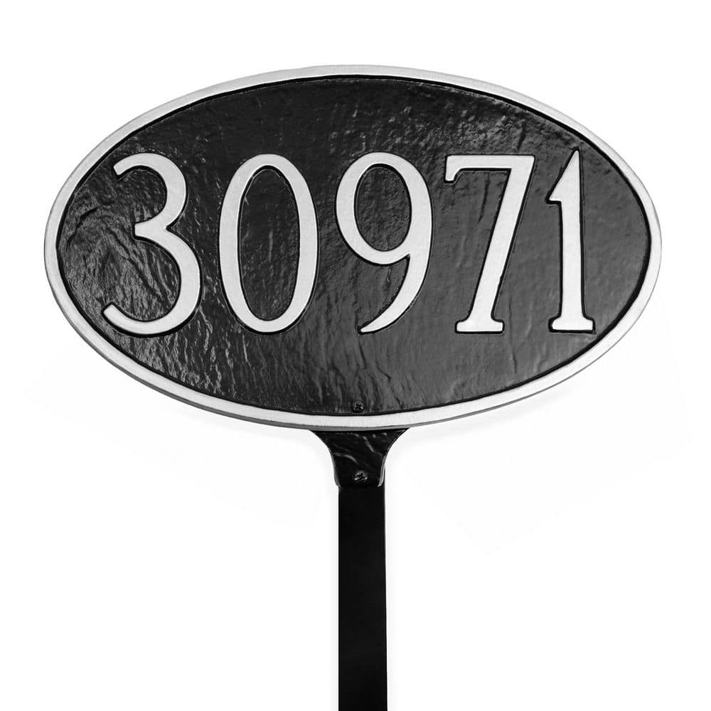 Montague Metal Products Classic Oval Small Address Sign Plaque with Lawn Stake - Black/Silver (1)