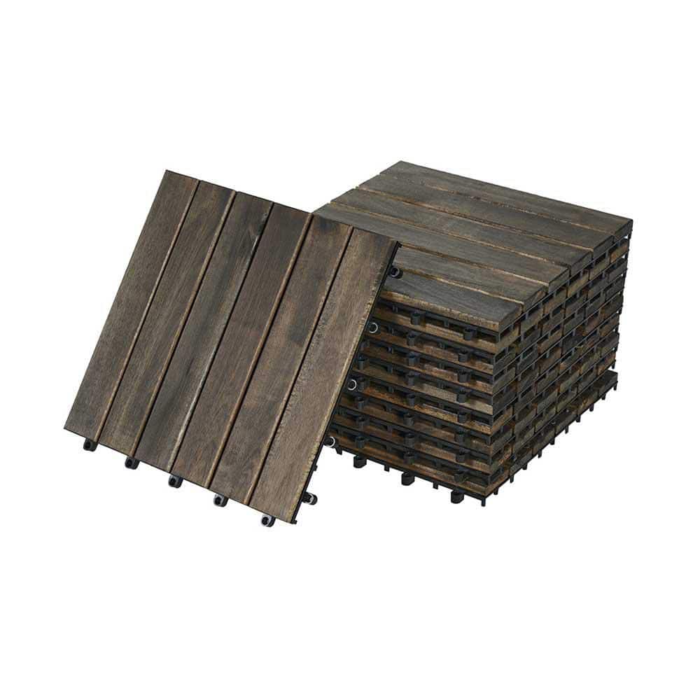 Afoxsos 1 ft. x 1 ft. Dark Brown Acacia Wood Interlocking Deck Tiles Striped Pattern, Outdoor Flooring for Patio (10-Pcs) (1)
