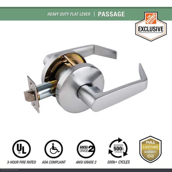 Universal Hardware Heavy Duty Commercial Cylindrical Passage (Bed/Bath) Lever ADA UL 3-Hour Fire ANSI Grade 2 Satin Chrome (2)