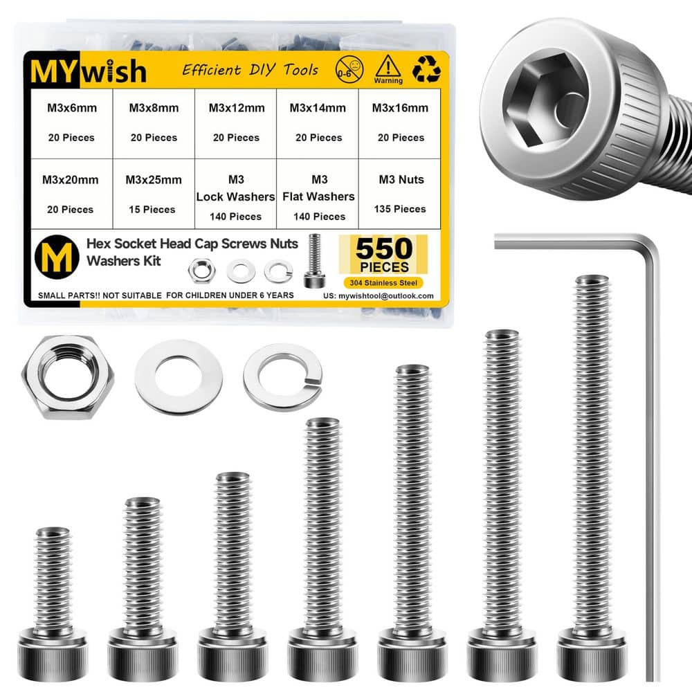 MYWISH 550-Piece M3 Hex Socket Cap Screws and Nuts Kit, 304-Stainless Steel, DIN912, with Washers and Wrenches (1)