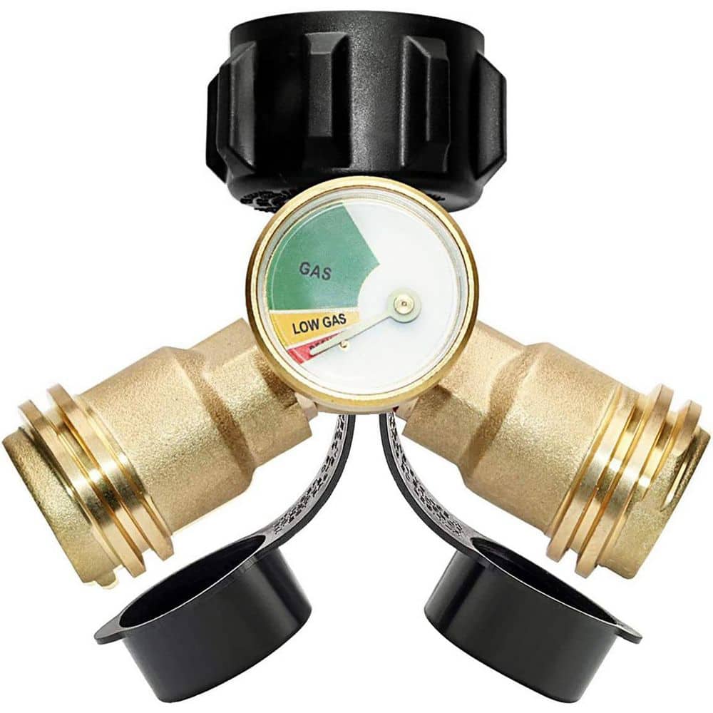 Lukvuzo Propane Splitter Adapter with Gauge 2 Way LP Gas Tee Connector for 20lb Tank BBQ Grills Camping Stoves Heaters (1)