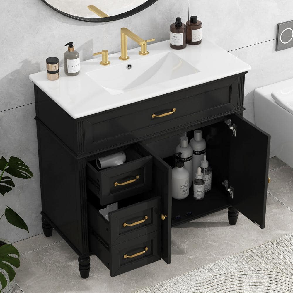 Flynama 36" Black Bathroom Vanity with Sink, Drawers & Solid Frame (2)
