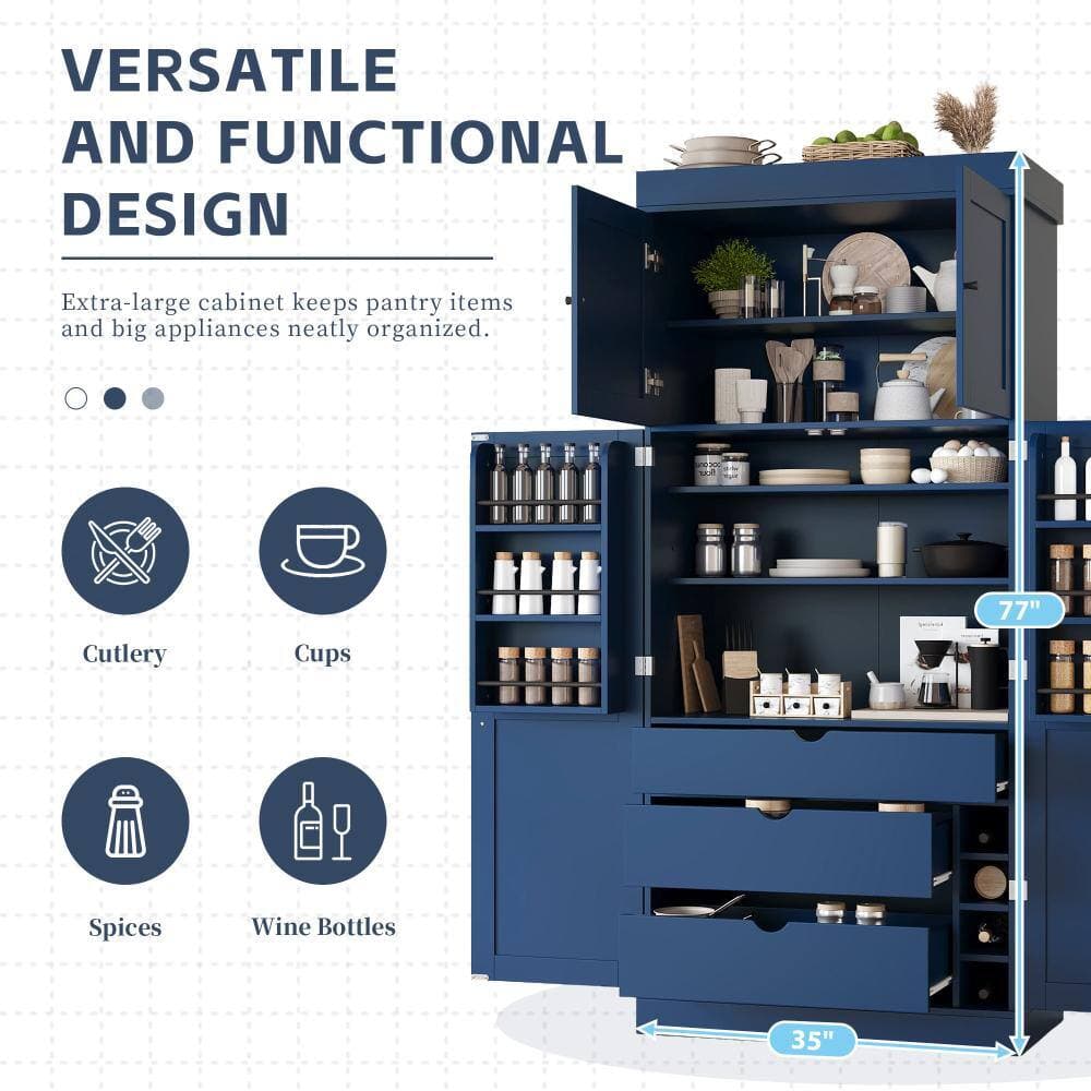 COWLOWN 35 in. W x 17.7 in. D x 77 in. H Blue Linen Cabinet with Adjustable Shelves,Door Shelves, Drawers, Wine Racks (3)