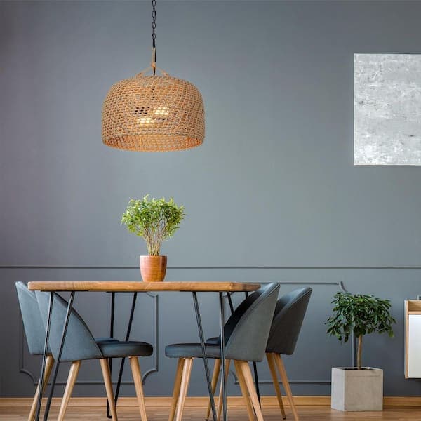 Hampton Bay Summerpoint 120-Watt 2-Light Black Shaded Pendant Light with Natural Woven Shade, No bulbs Included