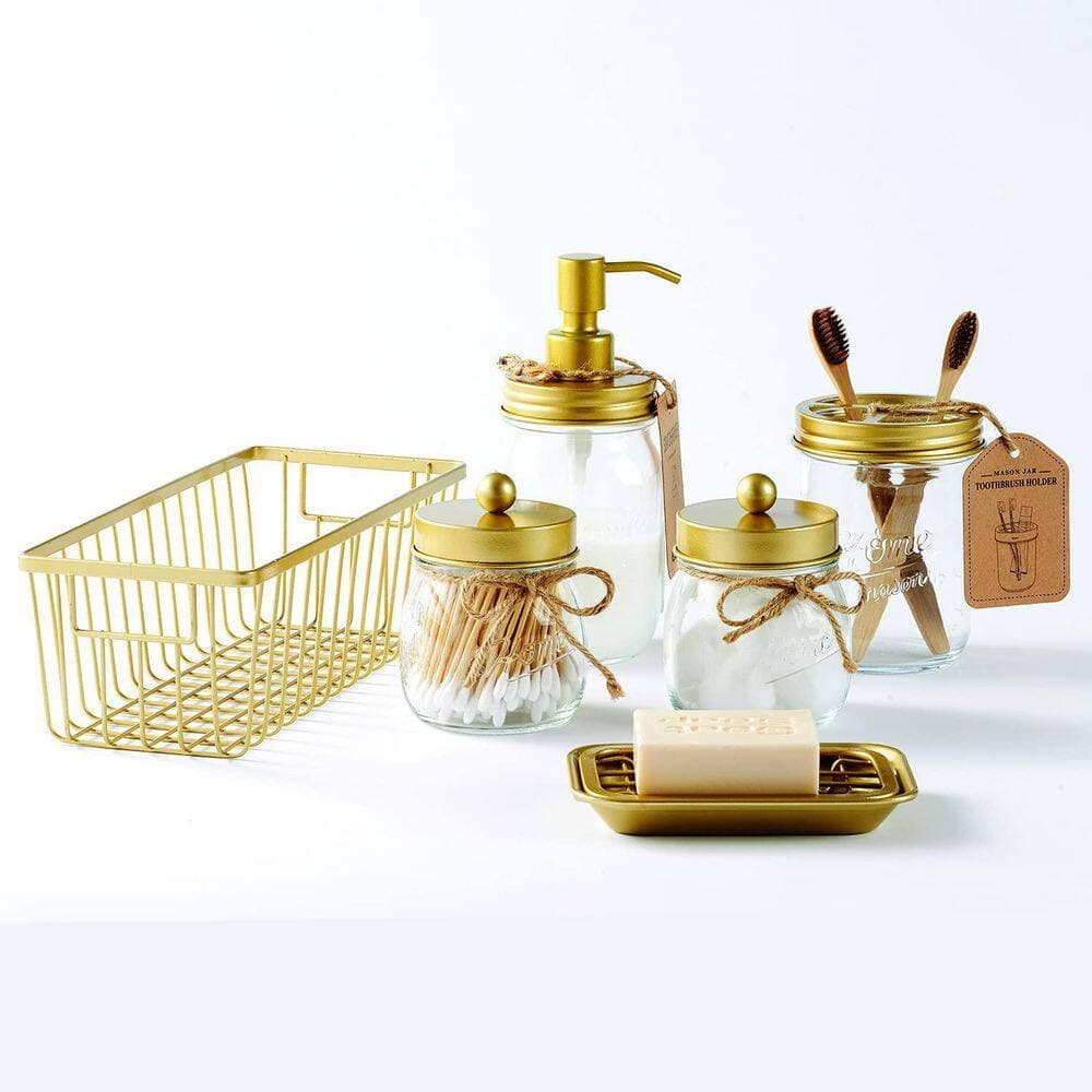 Numhew Rustic 6-Piece Bath Accessory Set with Foaming Soap Dispenser, Toothbrush Holder, Jars, Soap Dish, Metal Basket in Gold (2)
